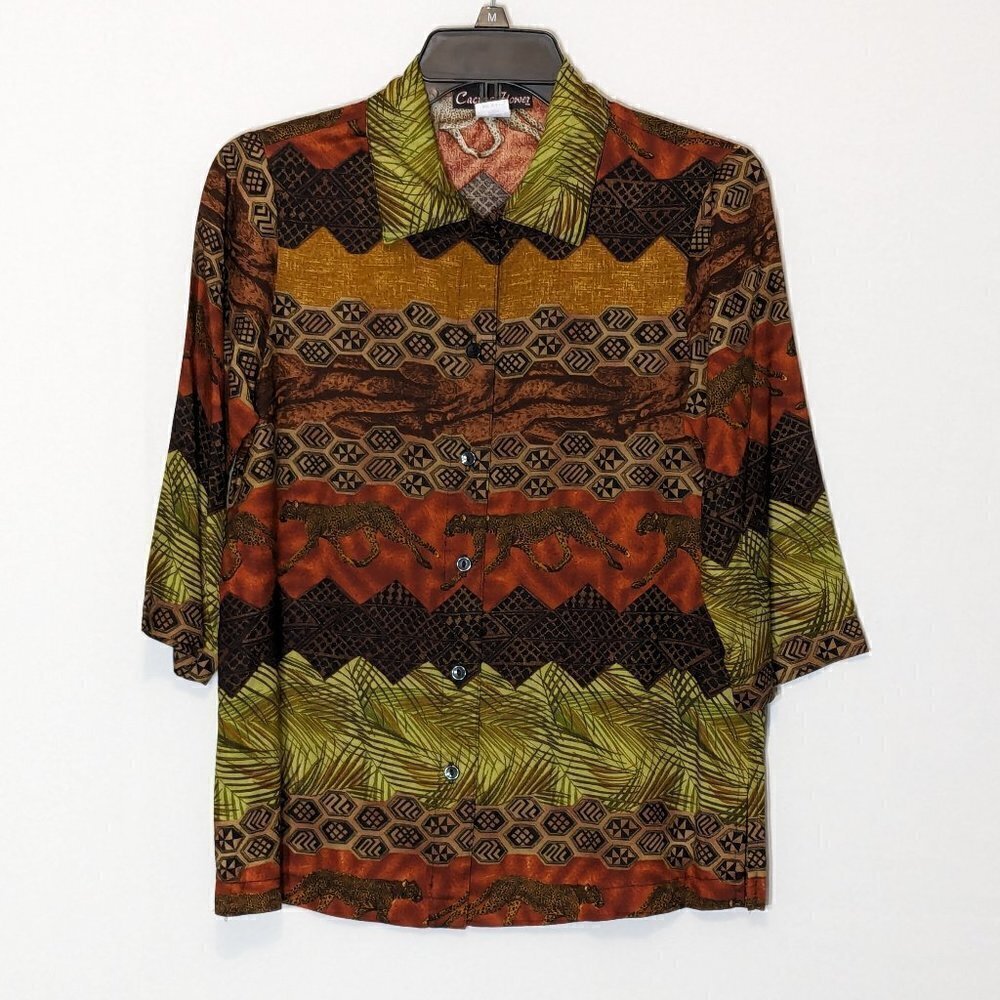 Women's CACTUS FLOWER African Jungle Themed 3/4 Sleeve Button Blouse; Size XS